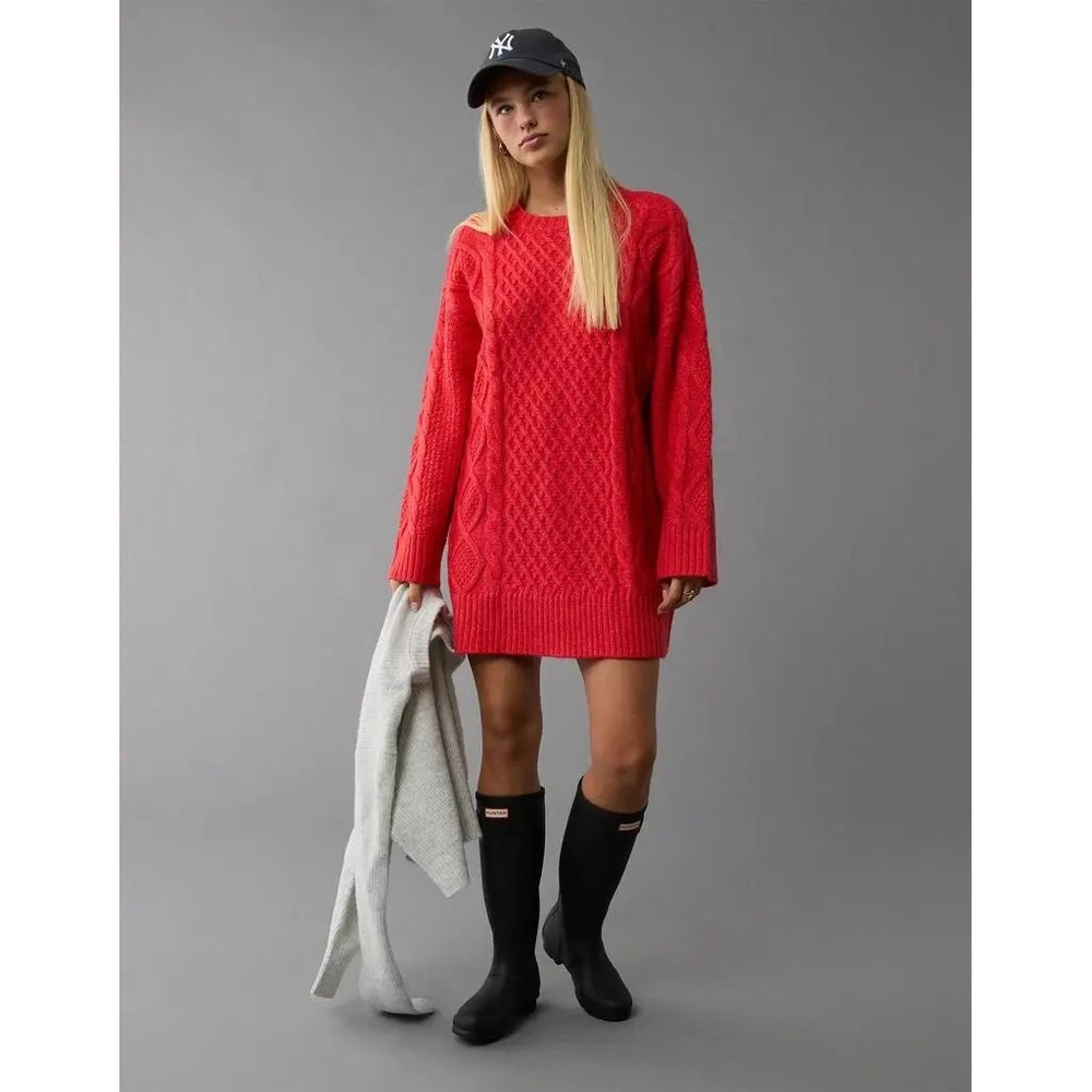 NWT American Eagle AE Red Long-Sleeve Cable Knit Sweater Mini Dress Size Small
